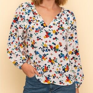 Kate Spade Floral Print White Blouson Sleeve Top SIZE MEDIUM